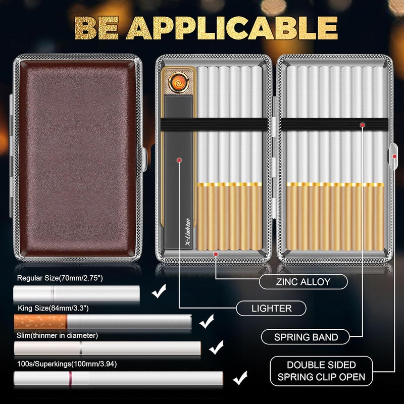 x-lighter 2 Pack of Cigarette Case with Lighter for 100's King Size, Retro PU Leather 100mm Vintage Cigarettes Cases for Men Women Gifts (Black + Brown) - Image 4